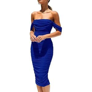 PRETTYGARDEN Wedding Guest Dress 2025 Summer Off Shoulder Ruched Elegant Sexy Bodycon Homecoming Cocktail Party Midi Dress size L