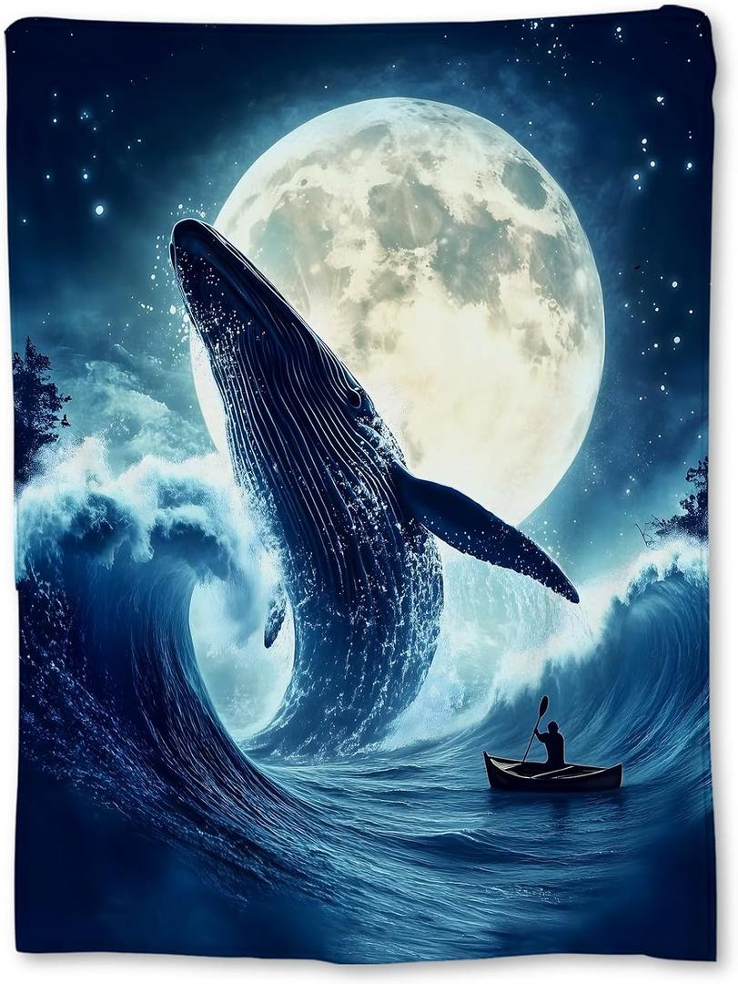 Whale and Moon Blanket, Soft Cozy Flannel Marine Throw Blanket for Adults Kids Men Women, Lightweight Warm Fuzzy Blankets for Couch, Bed, Travel & Home Decor 8060 in