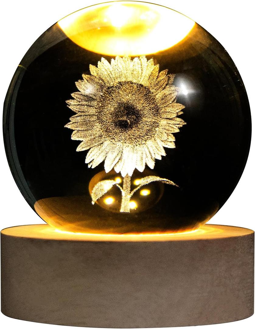 3D Laser Etched Sunflower Crystal Ball, Sunflower Decor Glass Sphere Lamp Night Light, Crystal Flower Figurines Collectibles Gifts for Mom Women Girls