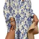 Bsubseach Womens Modern Swimsuit Cover Up Blouse Button Down Shirt Dresses Tops (Large, Retro Blue)