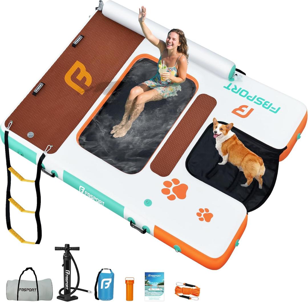 Inflatable Floating Dock 10ft/8ft Dog Boat Ramp in One, Floating Dock Rafts Dog Pool Ramp with Water Hammock, Inflatable Island Platform Water Lounger with Ladder for Pool Lake Boat (8ft x 6ft x 6")