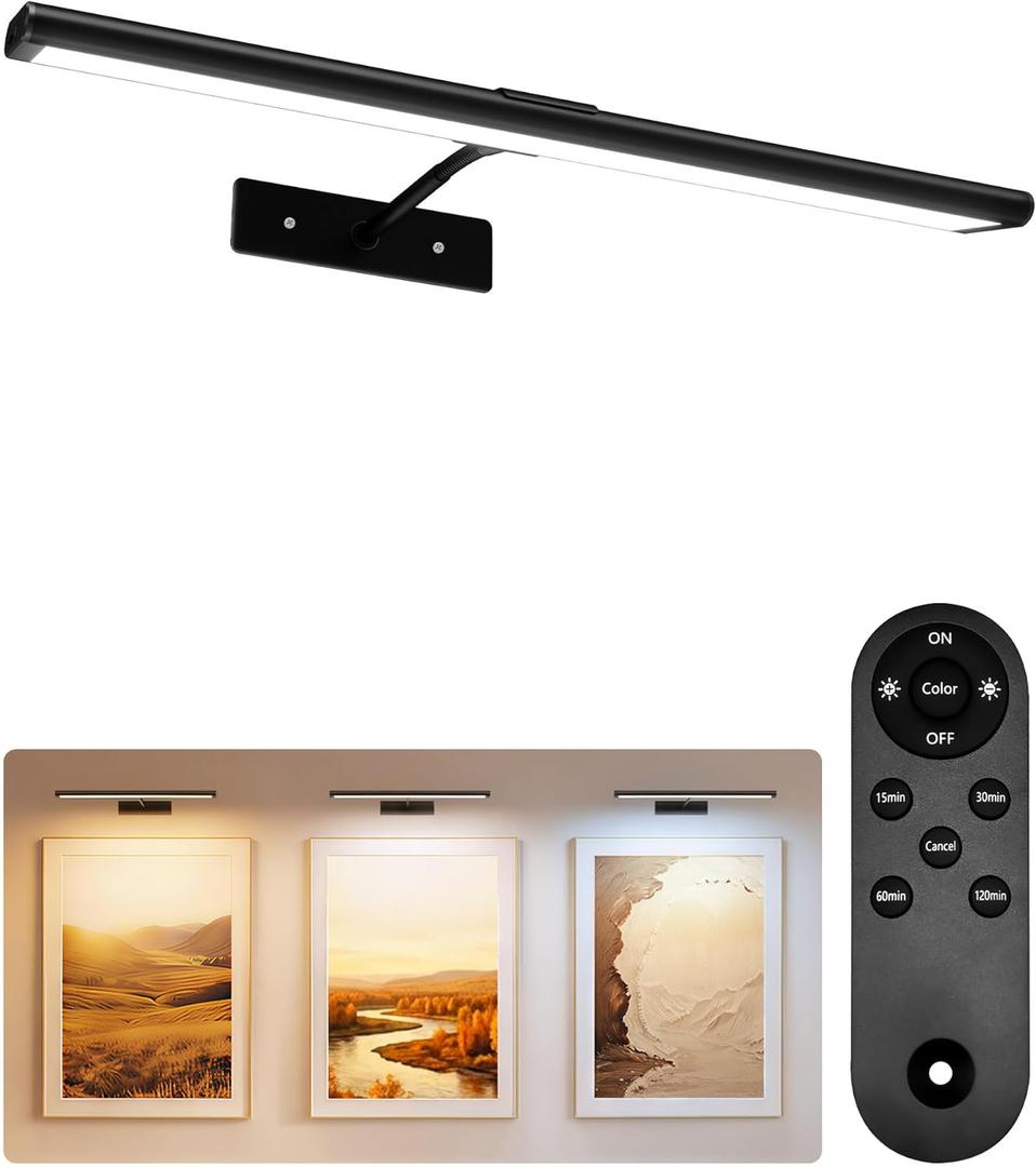 EZVALO Picture Light for Wall, 4800mAh Rechargeable Wireless Remote Battery Lights for Painting, 16In Dimmable Magnetic LED Art Display Light, Colors Temperatures, for Gallery, Living Room,Hallway (Black)