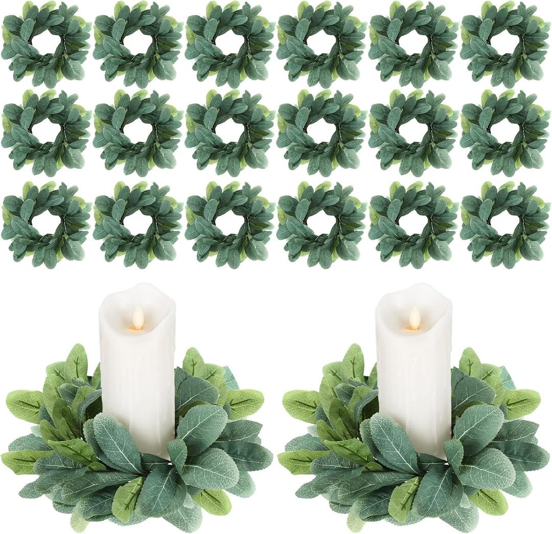 Panelee 20 Pcs Candle Rings Artificial Eucalyptus Candle Wreath Rings Greenery Leaves Boho Candles Garland Pillar for Wedding (Cute Leaf Style)