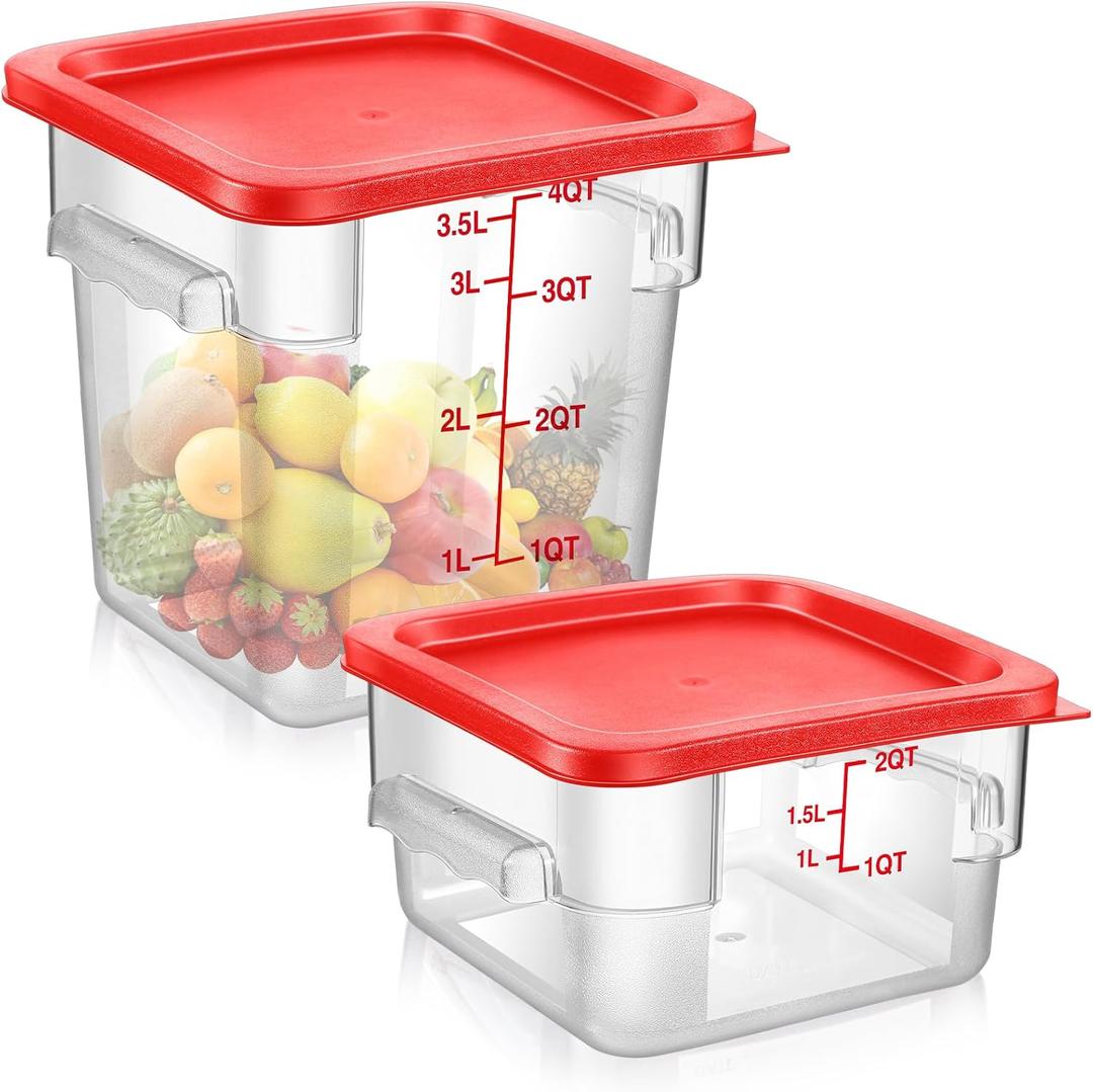 Suclain 2 Pcs Square Food Storage Container Polycarbonate Clear Food Container with Red Lid Commercial Rice Storage with Red Graduations for Commercial Kitchen(2QT,4QT)