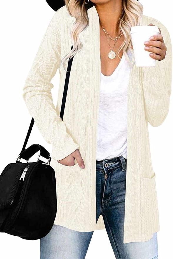 MEROKEETY Women's Casual Long Sleeve Open Front Cable Knit Cardigans Lightweight Solid Color with Pockets, S