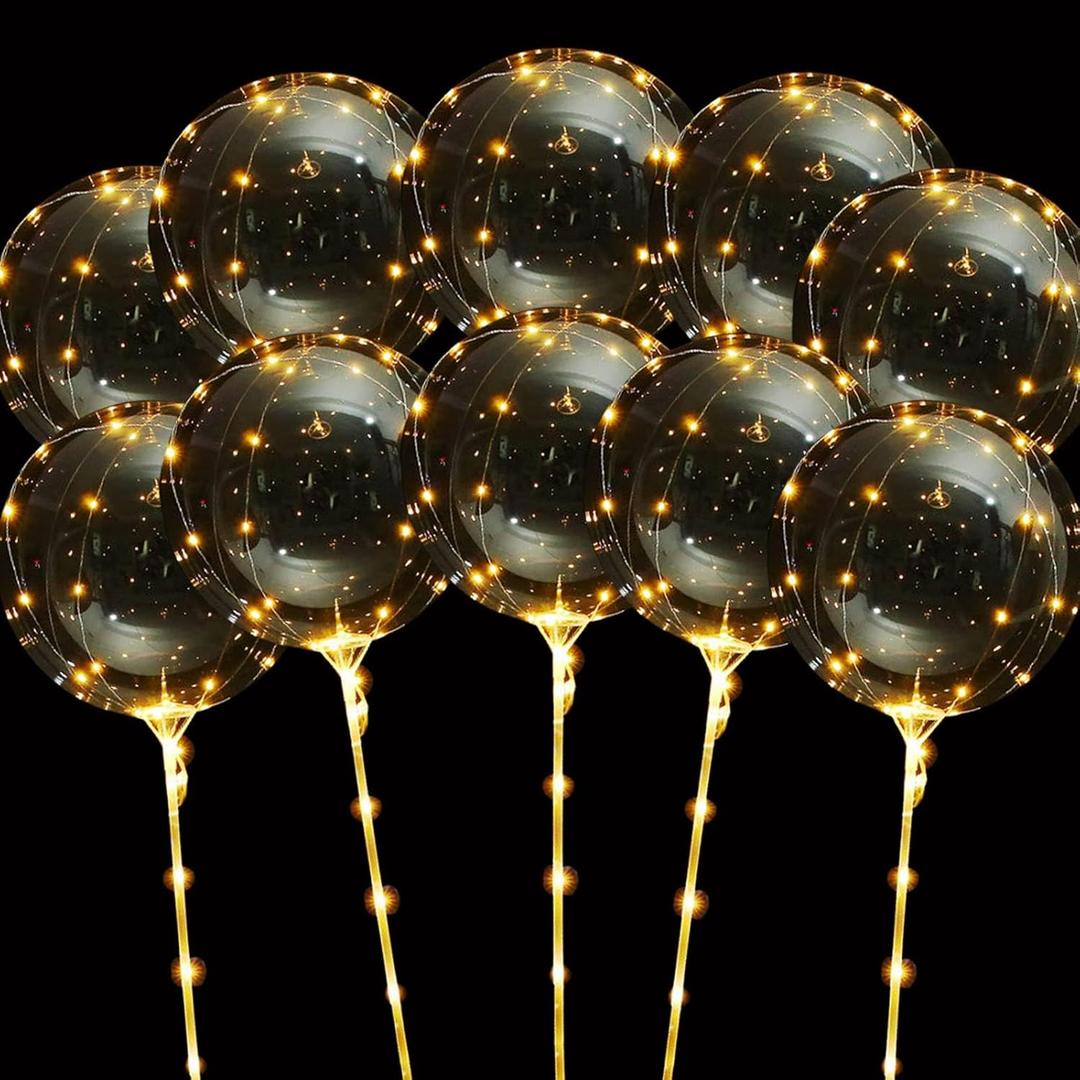 LED Balloons Light, 10 Pack LED Balloons with Sticks, 20 Inch Clear Bobo Balloon with Lights Helium Glow Bubble Lights for Party Supplies Valentines Decor (Warm)