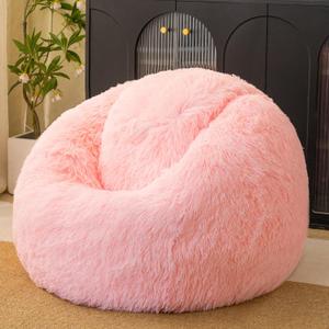 Pink fluffy bean bag chair covers (No Filler), comfy Plush Pink bean bag chair Cover for bedroom, stuffed animal Storage, kids adults teens girls bean bag chairs, Anti-Slip