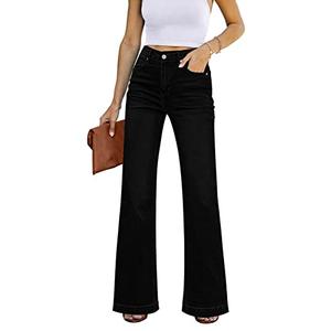 GRAPENT Womens Plus Size Jeans for Women Stretch High Waisted Flare Ripped Jeans Womens Stretchy Jeans 70s Outfits for Womens Jeans Wide Leg Pants for Women Color Always Black Large
