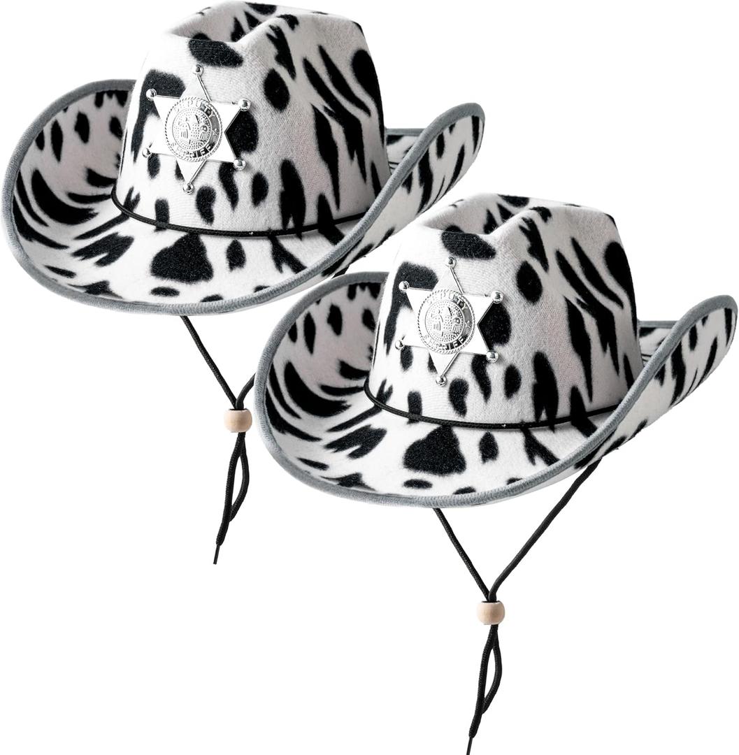 Spooktacular Creations 2 Pcs Adult Kids Felt Cow Print Cowboy Hat, Halloween Costume Accessory for Boys Girls, Cowgirl Hat for Women Wild West Themed Parties