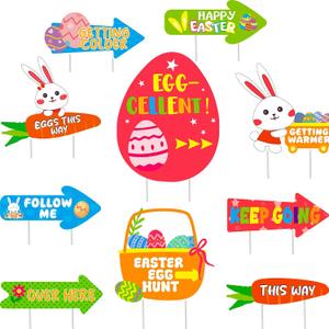 WorldBazaar 10 Pcs Easter Yard Signs Egg Hunt Arrow Easter Decorations Outdoor Lawn Yard Stake Sign Egg Bunny Basket Lawn Decor for Game Party Pathway Walkway