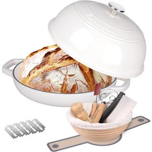 Enameled Cast Iron Dutch Oven Pot with Lid, Bread Oven for Sourdough Bread Baking, Dutch Ovens with Bread Proofing Basket& Baking Supplies Set, 6 Quart, White