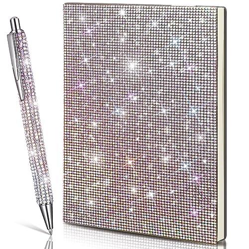 Kosiz 2 Pcs Rhinestone Notebook Pen Sets Crystal Pens Silver Bling Notebook A5 Diamond Office Accessories Supplies for School Office Students Writing Gifts(AB Color)