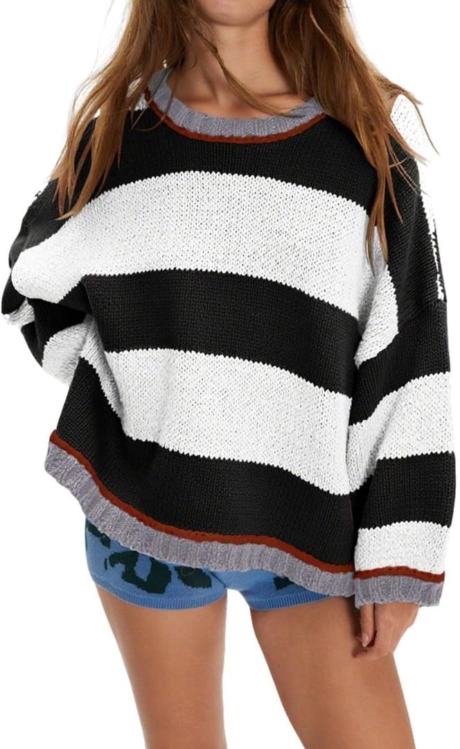 Womens Cute Colorful Sweater Knit Striped Crewneck Long Sleeve Loose Pullover Swaters Tops (Large, White)