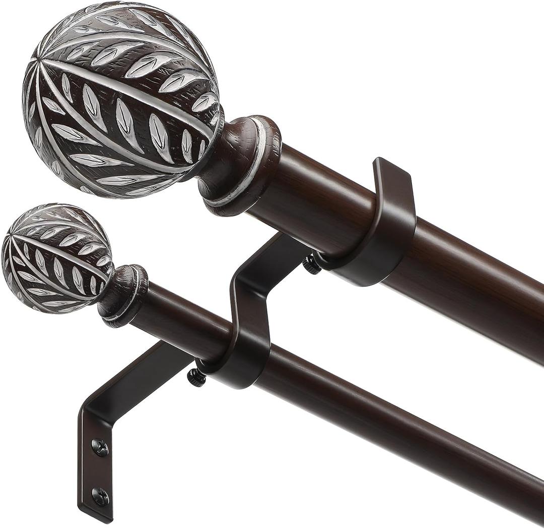 Walnut Wood Double Curtain Rods 36-122 Inch, Decorative Boho Long Dual Curtain Rods for Windows with Handmade Faux Wood Leaf Finials, 1 Inch Adjustable Heavy Duty Spliced Double Rod