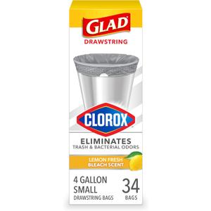 2 x Glad Small Drawstring Trash Bags with Clorox, 4 Gal, Lemon Fresh Bleach, 34 Ct (Package May Vary)