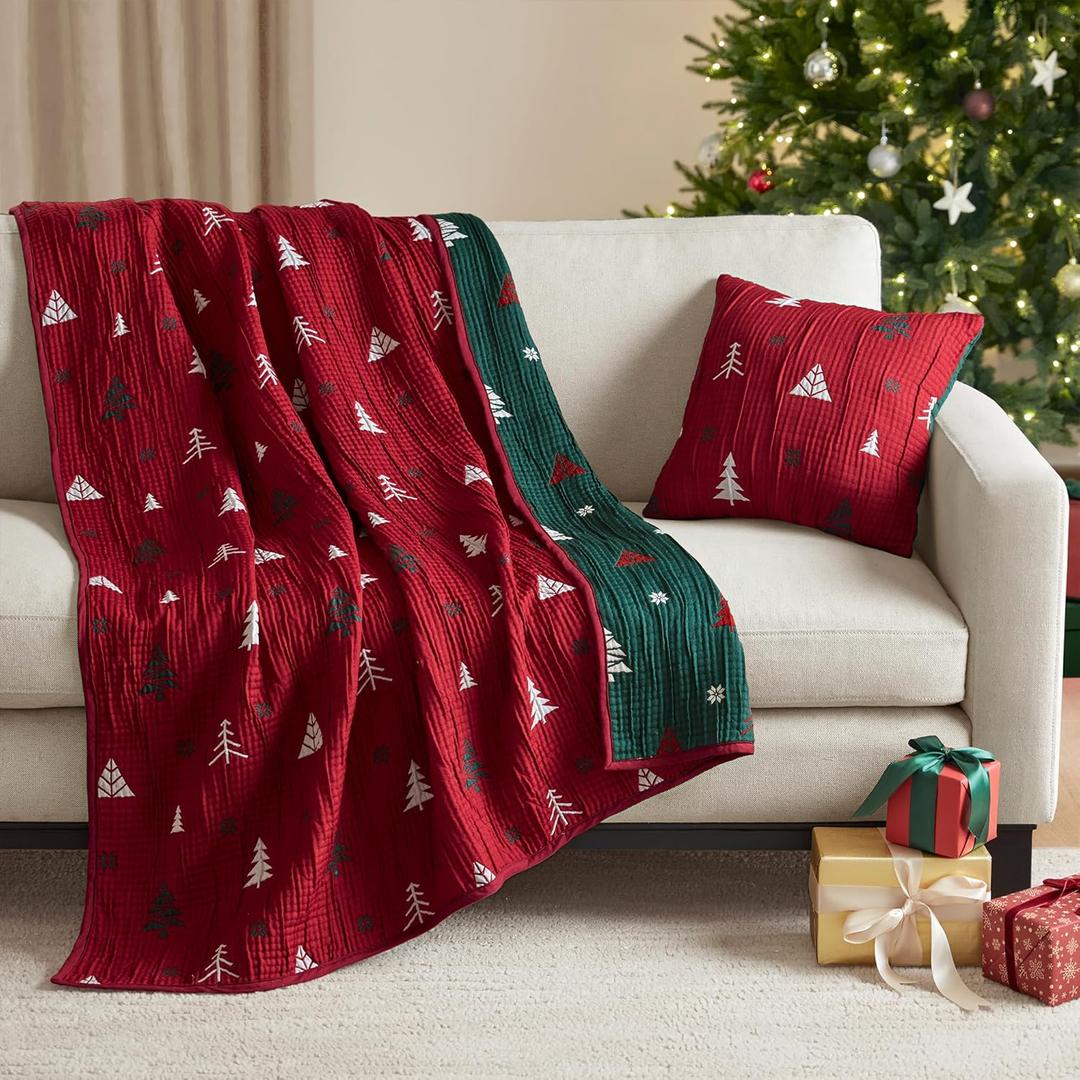 Madison Park Christmas Throw and Decorative Pillow Set, Festive Reversible Jacquard, All Seasonal Lightweight 2-Piece Bedding, 50" W x 70" L, Red/Green