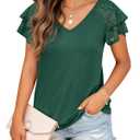 FREEOAK Summer Tops Double Lace Sleeve Shirts for Women V Neck Loose Casual Tee Tunics Dark Green M (M)