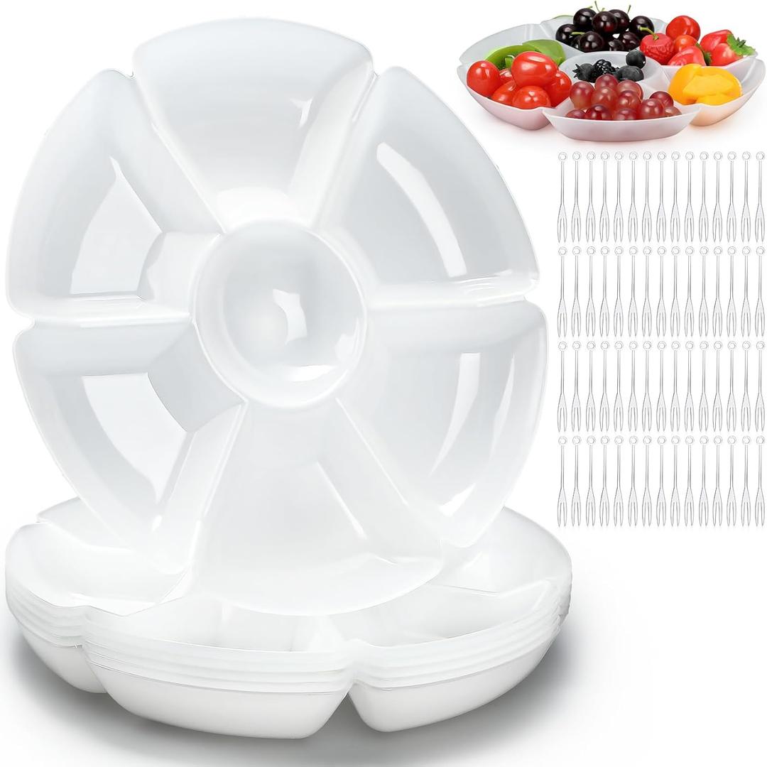 Zhehao 6 Pcs Plastic Divided Serving Trays with 60 Pcs Disposable Fork, 7 Compartments Round Chip Dip Plate, Petal Shape Platter, 10.6'' Snacks Serving Dish for Party Candy Nuts Fruits (White)