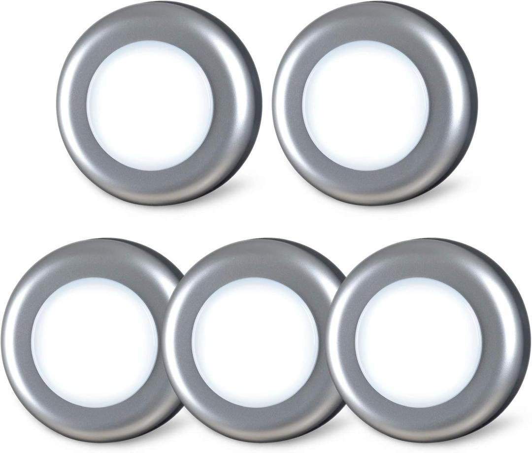 STAR-SPANGLED 5 Pack 2.8 Push Tap Lights, Stick on Touch Puck Lights AAA Battery Operated, LED Sticky Button Lights for Classroom, Kitchen, Under Cabinet, Closet (Sliver, Cool White)