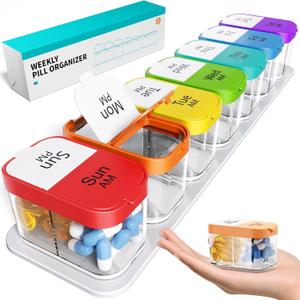 Odaro Extra Large Weekly Pill Organizer, XL Pill Box 7 Day Am Pm, Jumbo Medicine Organizer 2 Times A Day to Hold Daily Medicine Vitamin and Supplements - Rainbow (Color)