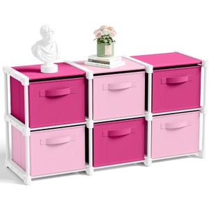 Thyle Large Cube Storage Organizer Shelf with 6 Bins 14 Inch Fabric Collapsible Cubby Storage Drawers Shelving Unit for Christmas Ornaments Clothes Toys Craft(Pink,Rose,Colorful)
