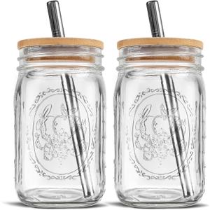 MEM WORLDSHOP Reusable Glass Cups With Lids and Straws - (2 Pack) - Wide Mouth 32 oz Mason Drinking Jars with Reusable Bamboo Lids & Stainless Steel Straws for Iced Coffee, Smoothie, Milkshake, Tea