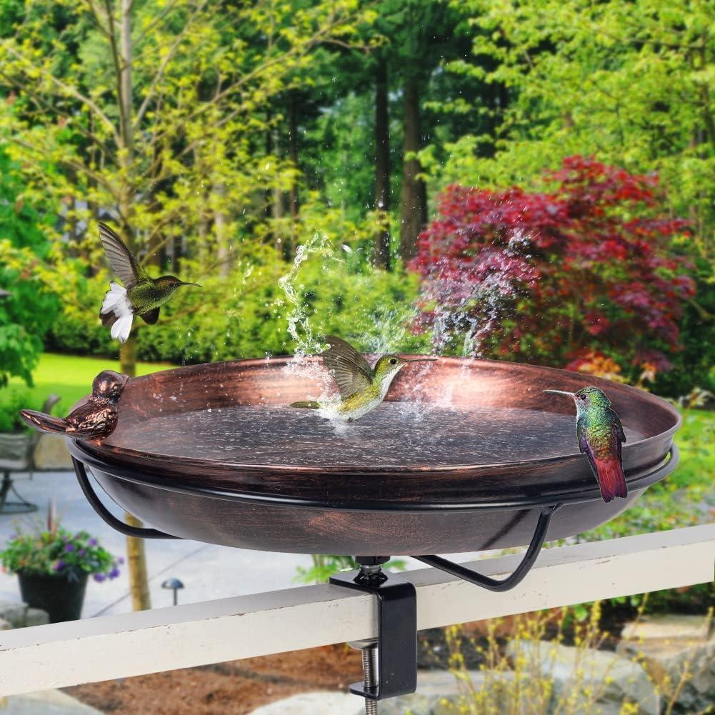 DREAMSOUL Deck Mounted Bird Bath with Adjustable Sturdy Metal Clamp, Bowl Bird Baths for Outdoors Garden Balcony Patio Deck Railing Decoration, Lightweight & Detachable (B-red copper)