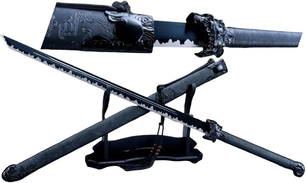Tiger Tang Dao, Real Walking Sabre Sword, Hand Forged High Carbon Steel Blade, Alloy Fittings, Black Blade