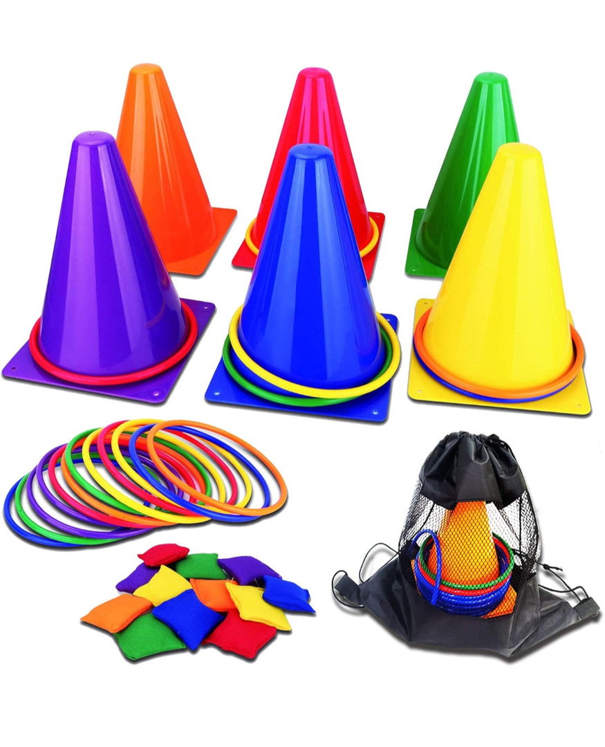 unanscre 31PCS 3 in 1 Carnival Outdoor Games Combo Set for Kids, Soft Plastic Cones Bean Bags Ring Toss Game, Gift for Birthday Party/Xmas
