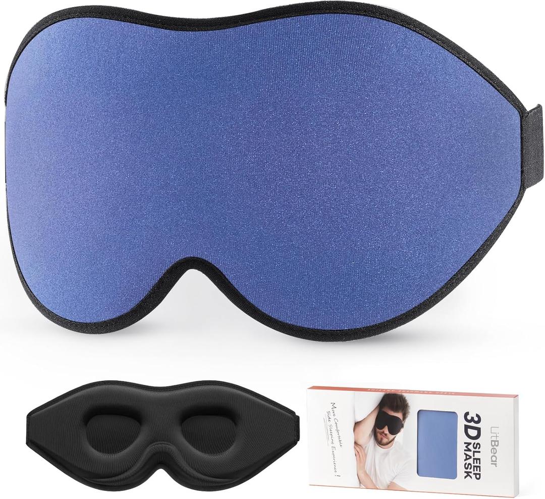 LitBear Sleep Masks, Light Blocking Eye Mask Sleeping for Women Men Side Sleeper, Soft 3D Comfortable Sleeping Mask with Adjustable Elastic Strap for Travel (Blue)
