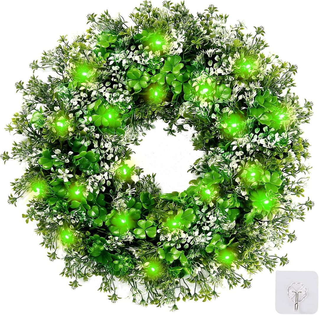 Sggvecsy 17.7’’ St. Patrick's Day Shamrocks Wreath for Front Door with 30 Green Lights Artificial Greenery Clover Wreath for Irish St. Patrick's Day Decoration Wall Window Outdoor Indoor Home Decor