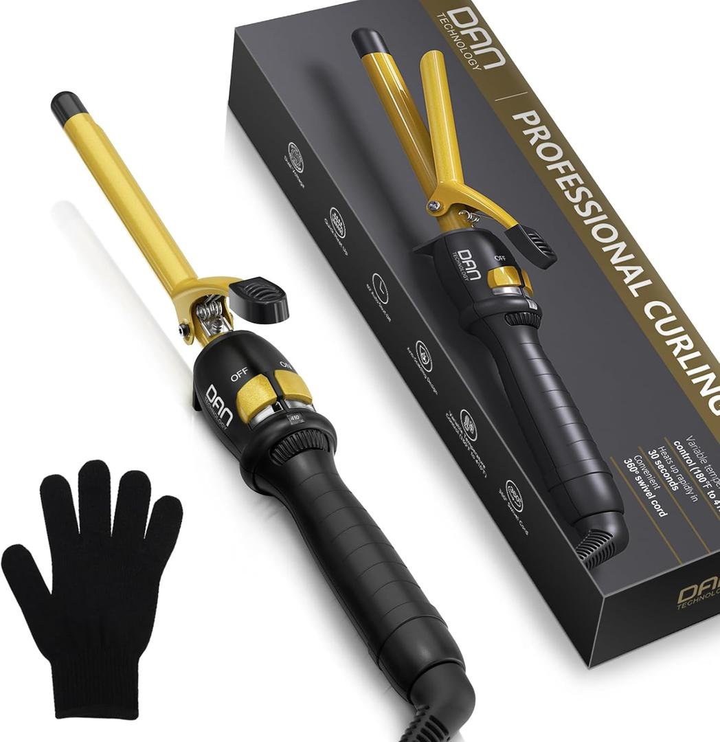 DAN Technology 1/2 Inch Thin Curling Iron for Corkscrew Curls, Tourmaline Ceramic Small Hair Curler with 180F430F Adjustable Temperature, Fast Heating, Dual Voltage, Auto Shut-Off, Black & Gold