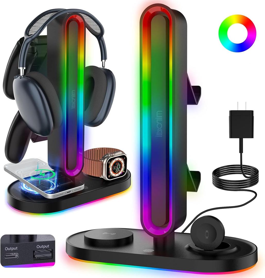 RGB Headset Stand with Wireless Charger, 8in1 Charging Station for iPhone, Samsung, Apple Watch TypeC/USB Ports, Gaming Headphone & Controllers Holder, Organizer for Desk Includes 20W PD Adapter