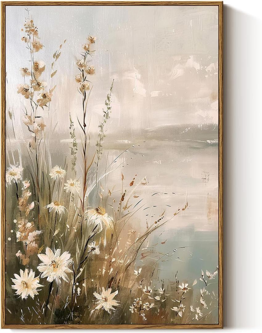 InSimSea Framed Canvas Wall Art Vintage Decor, Wildflowers Landscape Pictures Bathroom Wall Decor Aesthetic, Living Room Bedroom Flower Nature Home Decorations, 16x24inch (24L" x 16W")