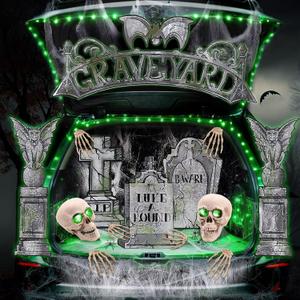 Halloween Trunk or Treat Car Decoration Kit, Tombstone Trunk or Treat Decorations for SUV with LED Lights, Halloween Archway Garage Decorations Outdoor for Car Garage Door Entryway