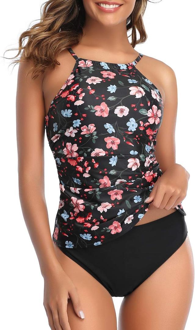 Tempt Me Two Piece Tankini Set Tummy Control Swimsuit for Women High Neck Top with Bottom Bathing Suits Ruched Swimwear (Pink Floral 2)