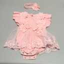 Infant Baby Girl Lace Romper Baby Tulle Dress Romper Flowers Bodysuit Spring Summer Festival Clothes with Headband (12-18 Months, Pink)