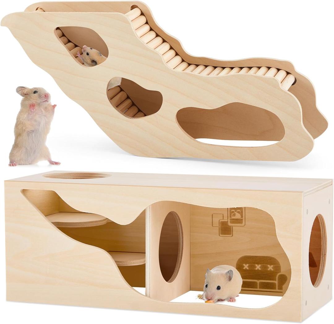 2 Pcs Hamster Hideout Set House and Tunnel, Exploring Tunnel with Climbing Ladder, Secret Observe Shed for Syrian Hamsters, Gerbils, Hedgehogs, Rats, Mice, Small Animals Pets Toys