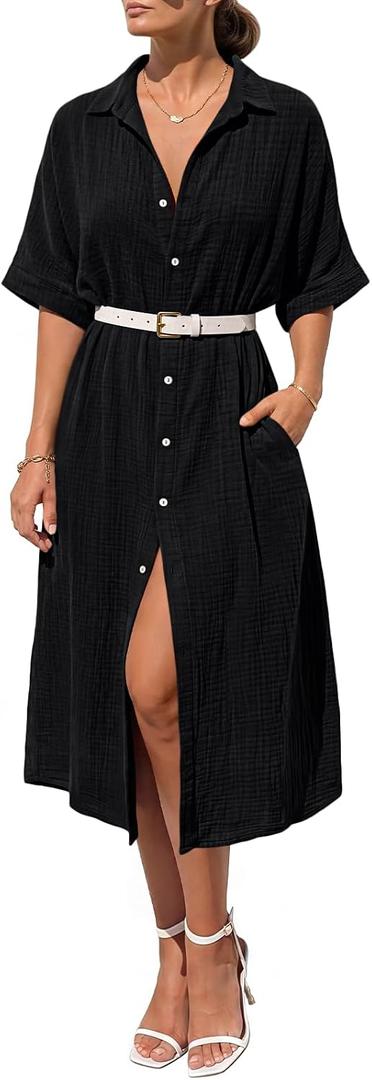 LILLUSORY Summer Long Shirt Dresses for Women 2026 Beach Vacation Outfits Casual Button Down Short Sleeve Swimsuit Coverup (Black, Large)