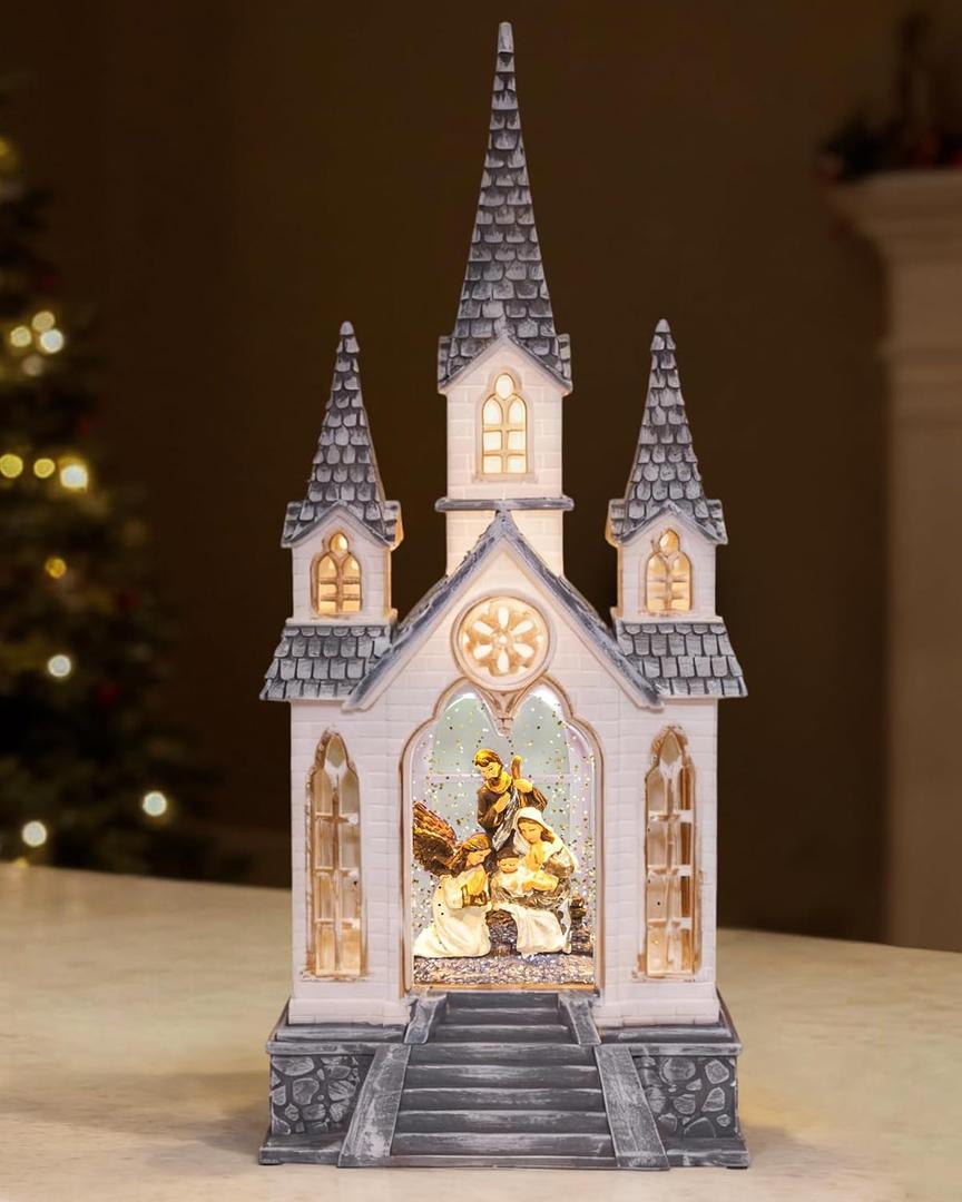 Large Christmas Church Nativity Snow Globe Light up Snowglobe with Music, 9.84" White Christmas Snow Globes for Kids Adults, 6H Timer & Dual Power, Angle Snowglobes Christmas Decorations Indoor (Angel Jesus 89)