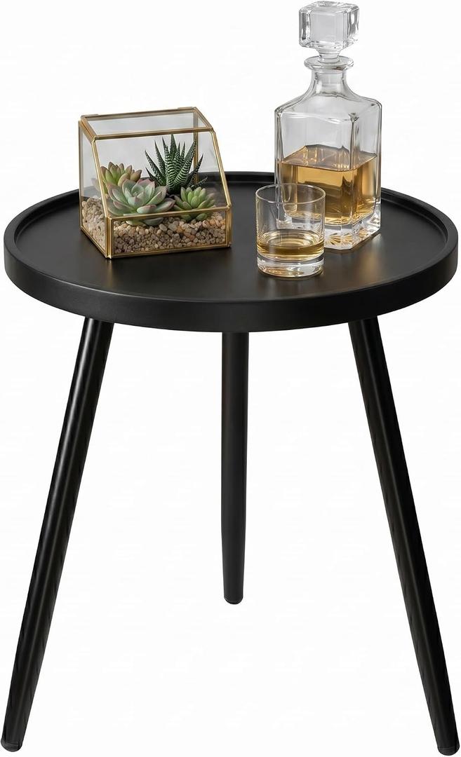 danpinera Round Black Side Table, Metal Legged Accent Table with Wooden Tray, Small Round End Table for Living Room, Bedroom, Nursery, Black