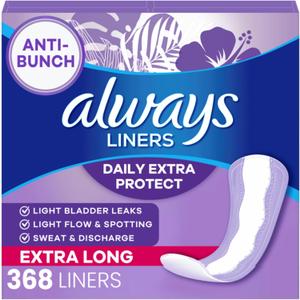 Always Daily Extra Protect Liners, Extra Long Length, Unscented Panty Liners, 368 Count (4 Packs of 92)
