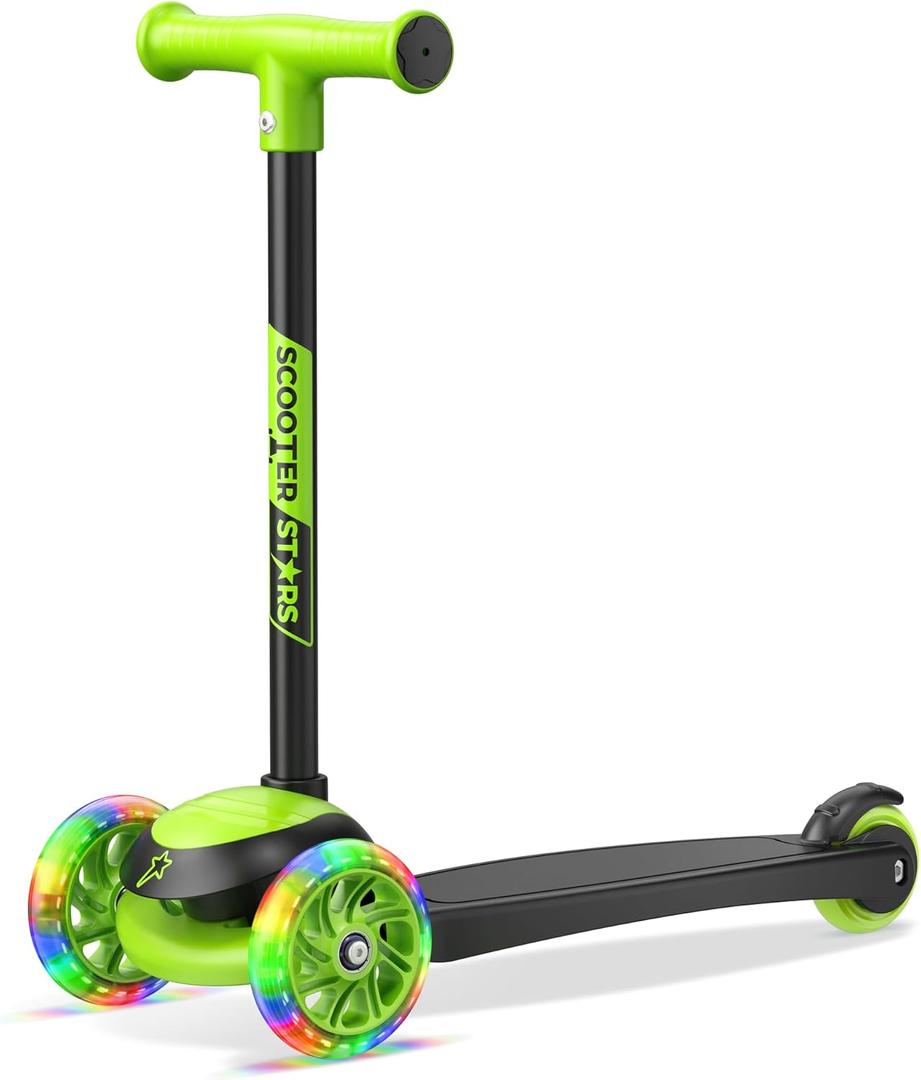 3 Wheel Scooter for Kids, Smooth Light Up LED Front Wheels, Wide Anti Slip Deck, Rear Foot Brake, Easy Lean to Steer Maneuvering, Indoor & Outdoor Ride On Toys for Ages 2 Up (Black Green)