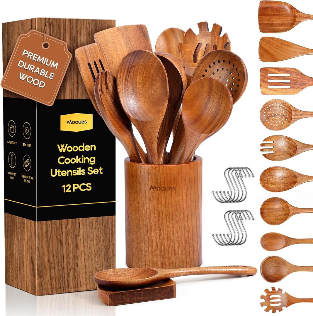 Wooden Spoons for Cooking, 12PCS Teak Wooden Kitchen Utensil Set with Spoon Rest - Smooth Finish, Non-Stick, Comfortable Grip, Heat Resistant Cooking Utensils Set