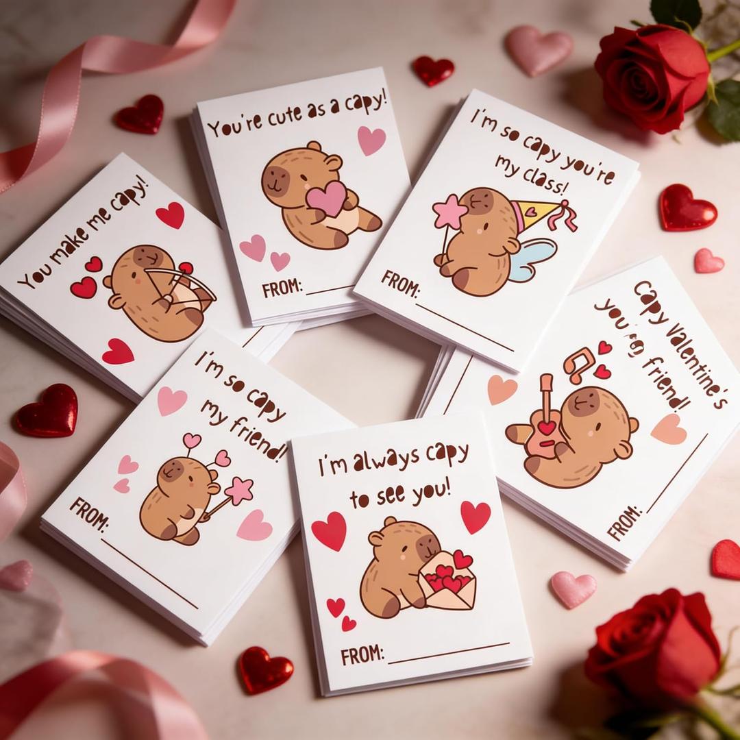 4 x Cute Capybara Valentine's Day Cards, 24 Pack with 6 Designs, 3.5x5 inch, Kids Classroom Exchange Cards with Hearts