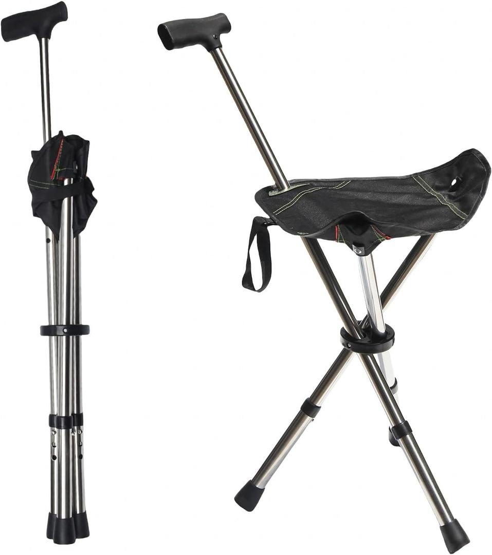 FATTCHIAR Cane with Seat, Cane Chair Capacity 330lbs, Adjustable Height Folding Lightweight Walking Stick with Seats, Portable Stool for Adults Seniors Hiking Camping