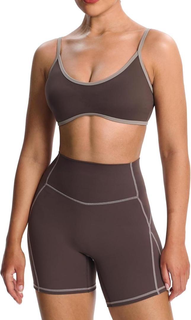 Aoxjox Women's Color Block Workout Sports Bras Fitness Lexi Lined Strappy Bra Athletic Yoga Crop Tank (Mulch/Driftwood) XS