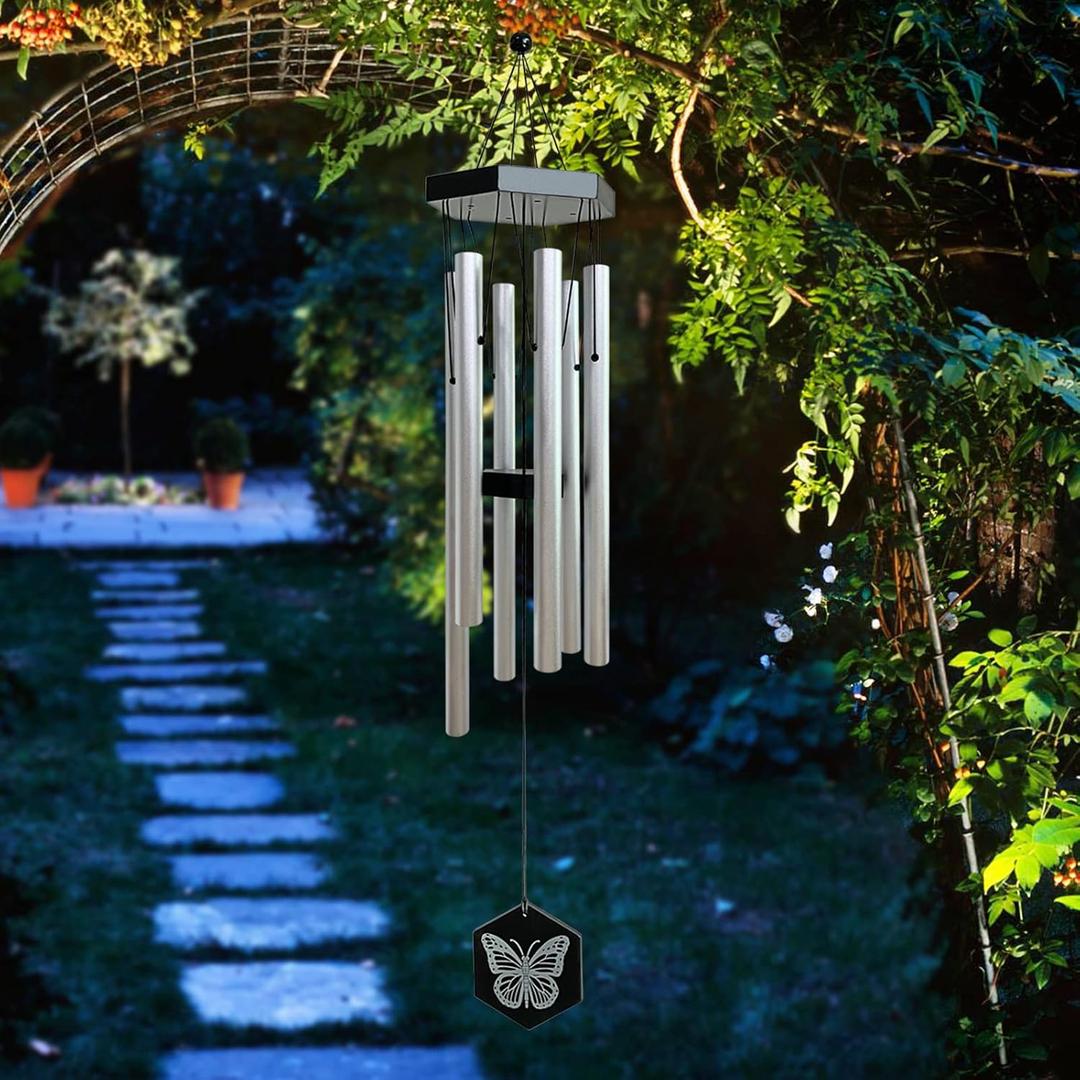FONMY Wind Chimes Outdoor w/Butterfly Sign Memorial Windchimes Great Wind Chime Gifts Soothing Melodic Tones & Bamboo/Aluminum Chime for Garden Home or Yard-31 Length Silver Chimes Hanging Decor.