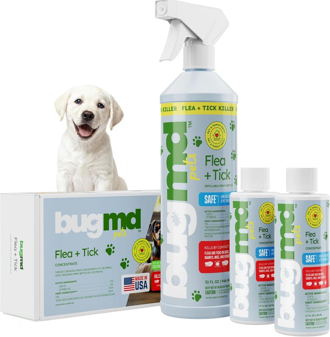 BugMD Flea and Tick Concentrate (3.7 oz, 2 Pack) Essential Oil Formula for Dogs, Controls Fleas, Ticks & Mites, Safe for Pet Beds, Kennels & Home Use