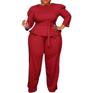 ThusFar Plus Size 2 Piece Outfits for Women Blazer Top Long Sleeve Long Pants Sets Casual Elegant Business Suit with Belt (Red)